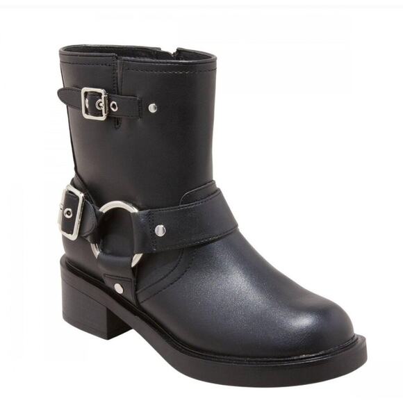 Black Conner Harness Silver Buckle Ankle Biker Boots Sz 11 Round Toe Block Heel - Picture 1 of 9